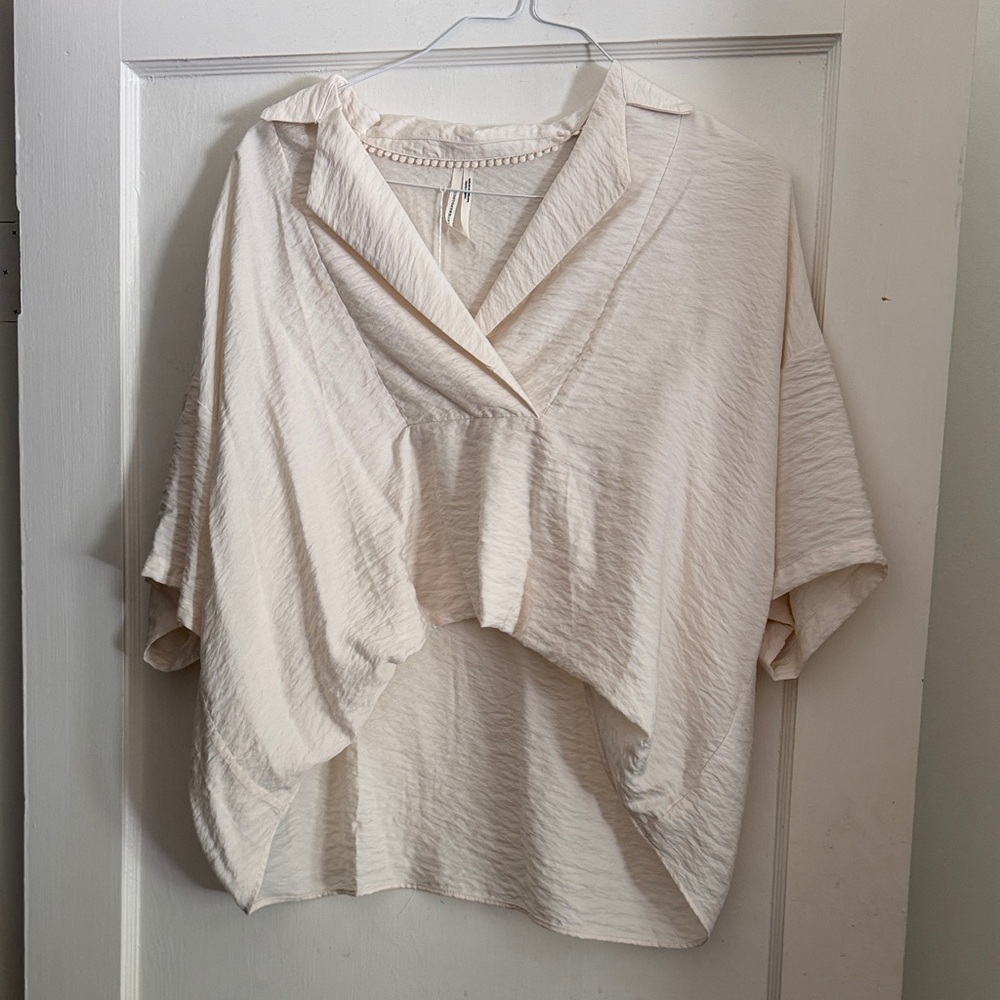 Anthropologie Cream Textured V-Neck Boxy Blouse